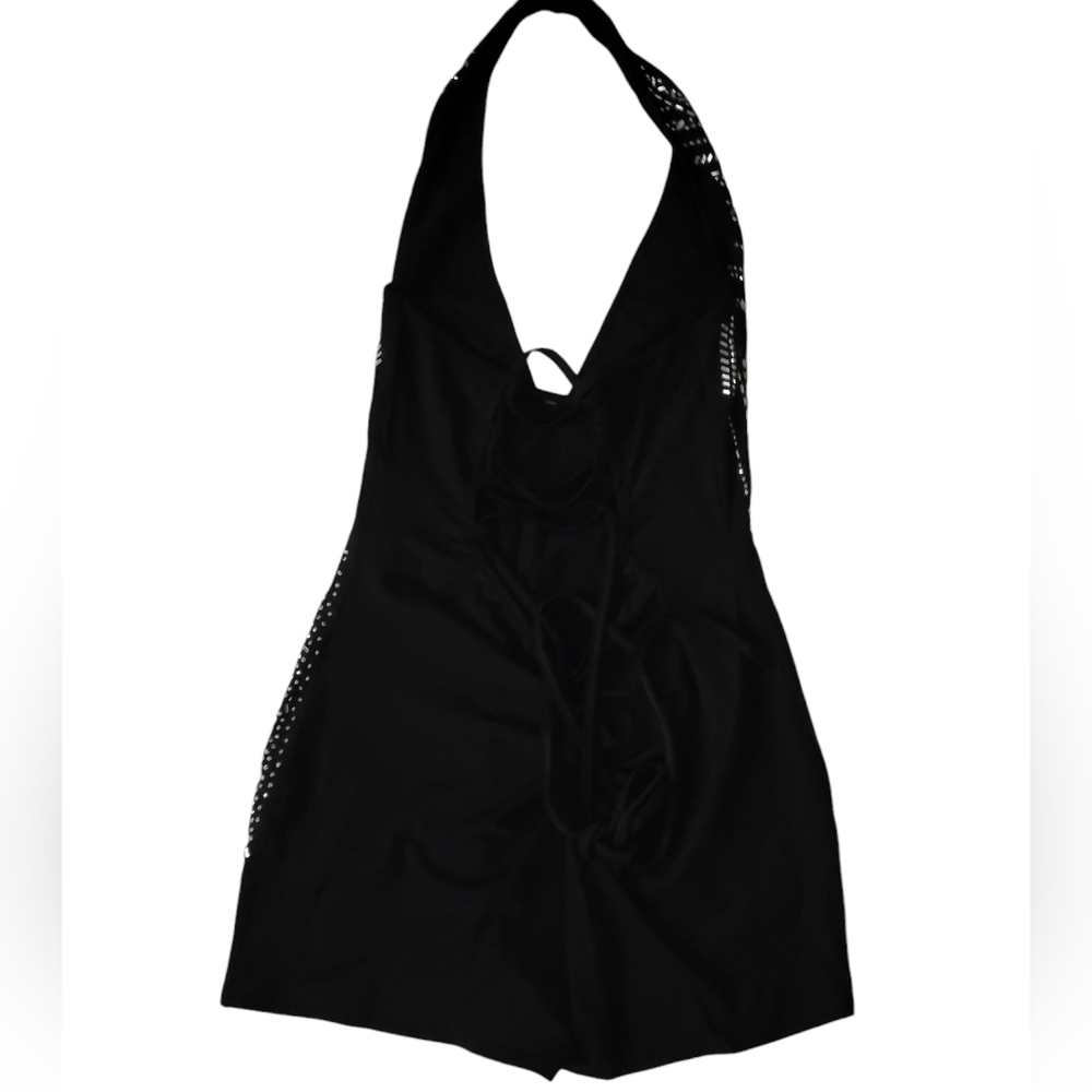 Holiday Party Black Embellished Beaded Romper V-Neck Halter Stretchy - Picture 2 of 15